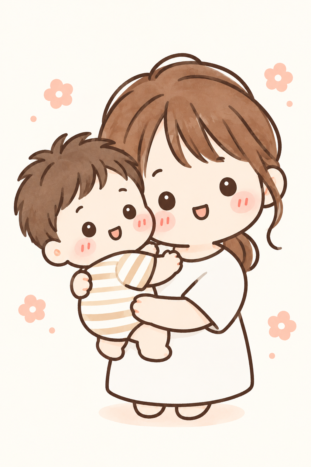 子どもを抱いて微笑むなっちゃんの親子キャラクターイラスト